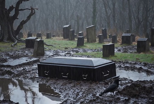 Black coffin in muddy graveyard with scattered tombstones – cinematic dark artwork by MHR
