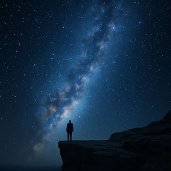 Figure standing beneath glowing Milky Way galaxy – cinematic cosmic artwork by MHR Produce
