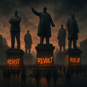 Monumental statues glowing with revolt graffiti – cinematic political artwork by MHR Produ