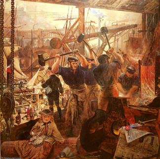 Operai intenti a lavorare ferro e carbone in una fabbrica