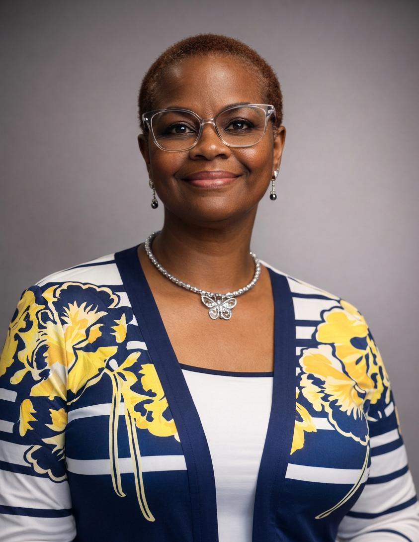 Portrait headshot of a woman in glasses and a patterned navy and yellow cardigan