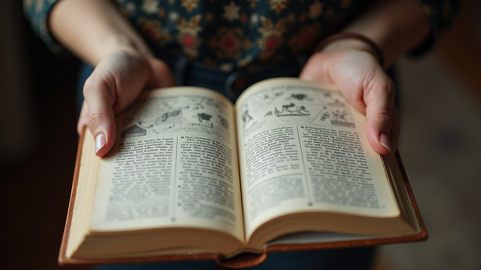 Close-up view of a person holding a horoscope book with zodiac symbols