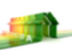 Colored arrows forming a house shape represent energy efficiency. Letters A to G in green to red symbolize rating levels.