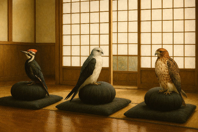 Three birds sitting on Zen meditation cushions (Zafu)