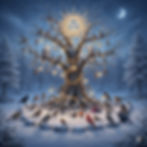 Birds gathered around a tree in winter celebrating the longest night