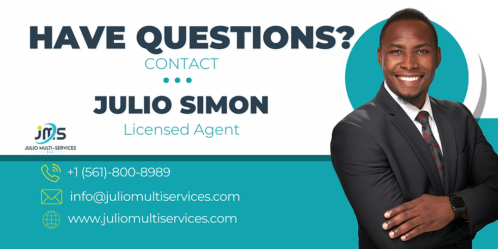 Smiling man, Julio Simon, in suit with arms crossed. Text reads: "Have Questions? Contact Julio Simon, Licensed Agent." Contact info below in teal and white.
