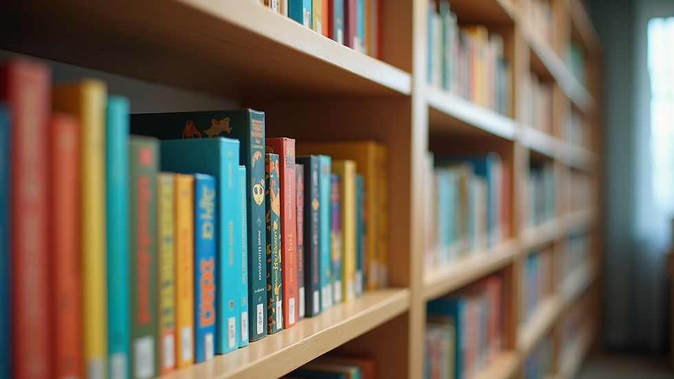 Eye-level view of a colorful bookshelf filled with children's books