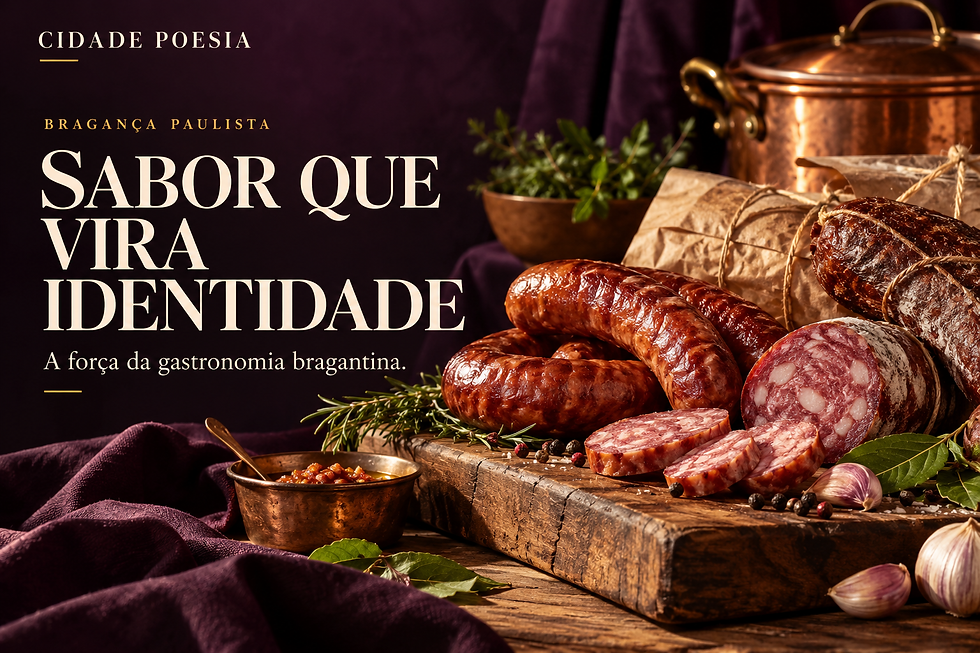 Ilustração editorial de linguiças artesanais e ingredientes sobre uma mesa, em uma composição gastronômica.