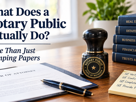 Infographic-style notary desk with stamp, power of attorney papers, law books, and note; headline asks what a notary does.
