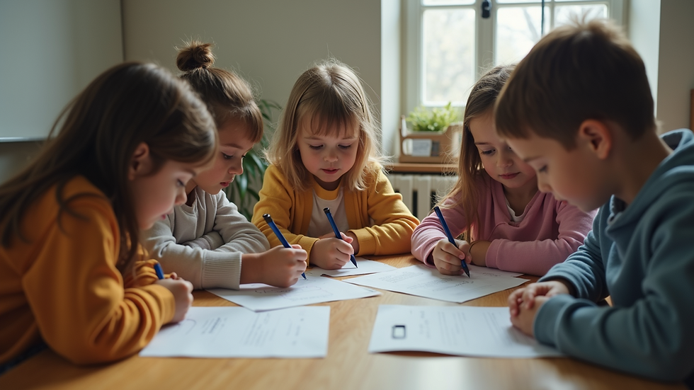 High angle view of children working together on a group project