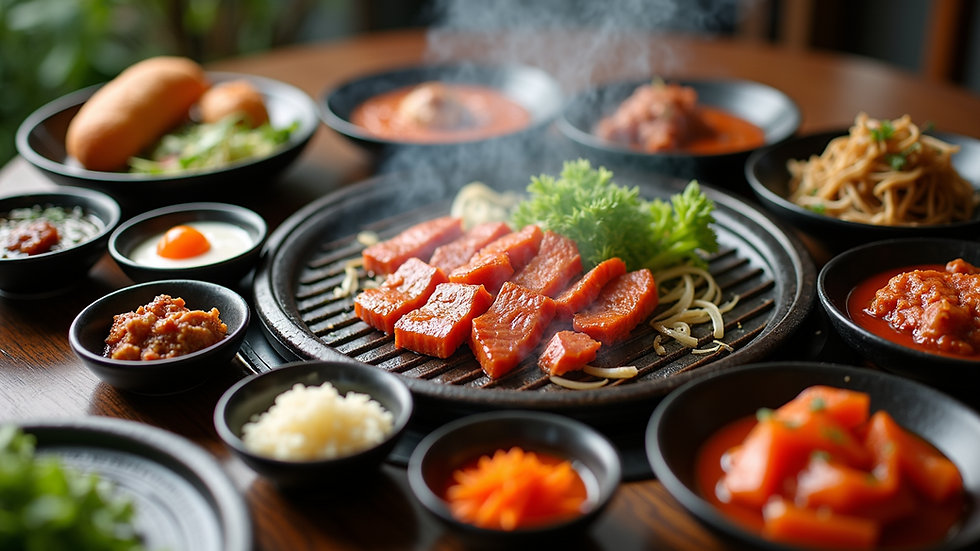 High angle view of assorted Korean BBQ banchan dishes arranged around a grill
