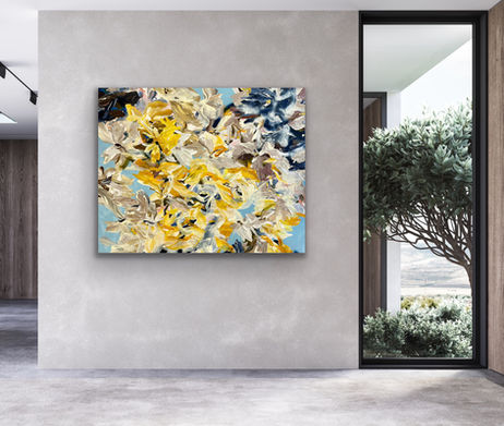 Large scale 120x150cm abstract acrylic painting of fragmented, petal-like shapes in yellow, cream, and gray tones dynamically scattered across a light blue background, evoking a sense of motion and disintegration.