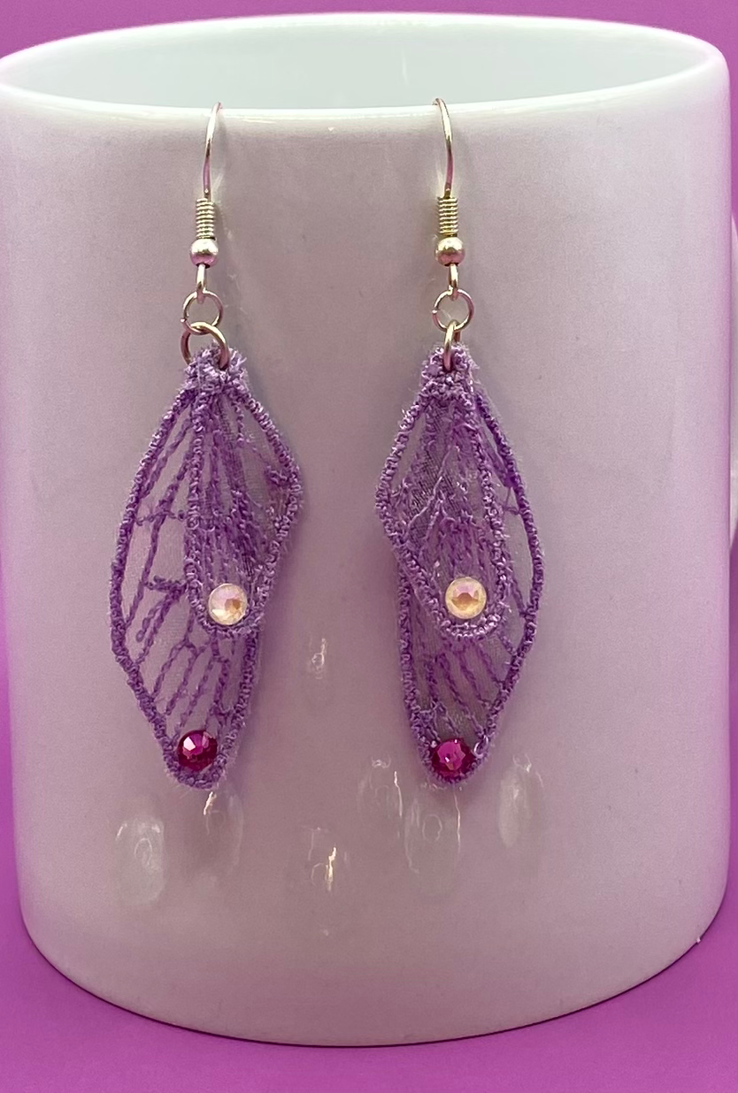 Butterfly Fairy Wings Earrings FSL on Organza with crystals