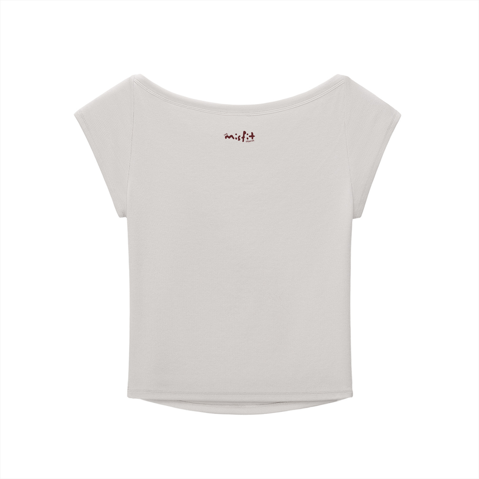Light crop top back with small red 'misfit' text, clothing for creatives.