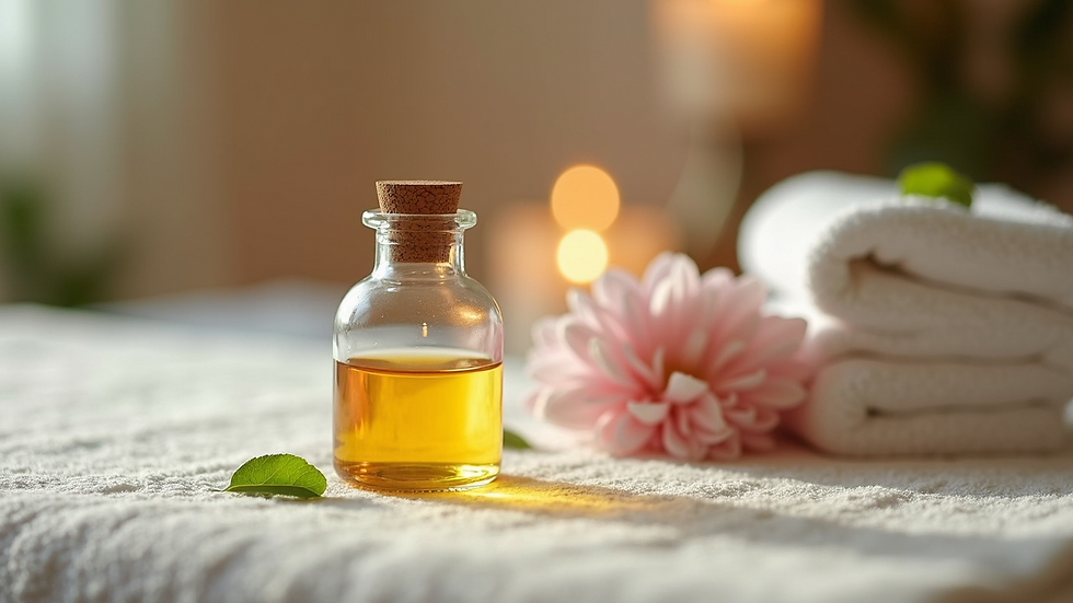 Close-up view of therapeutic massage oils on a therapist's table