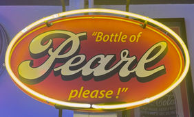 Pearl Beer neon oval sign that features the classic logo with the phrase "Bottle of Pearl please!" for sale