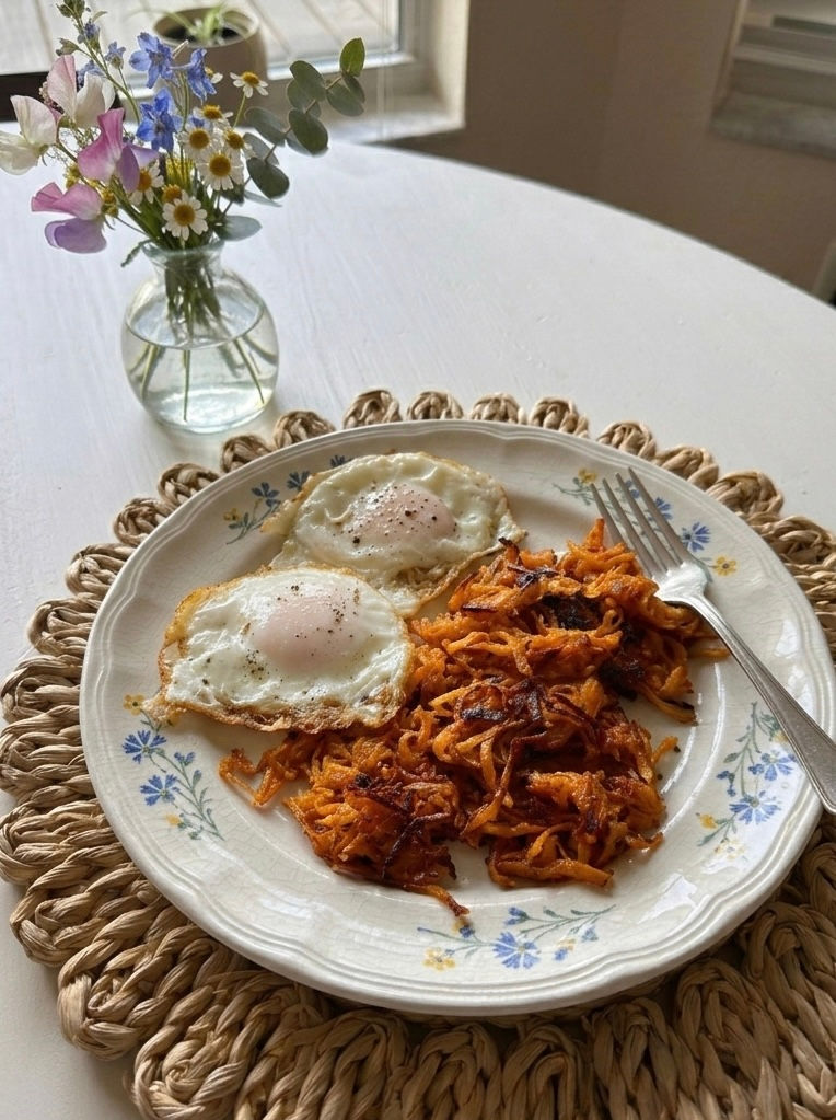 Crispy Sweet Potato Hashbrowns with Coconut Oil