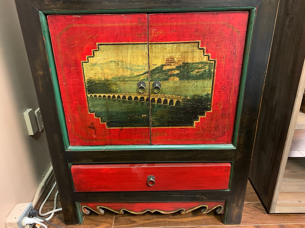 Thumbnail: Antique hand painted oriental chest / dresser / storage unit / wardrobe / armoir