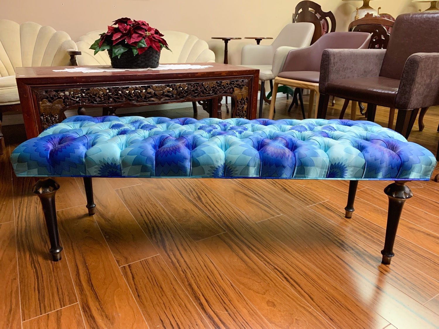 Blue upholstered bed bench
