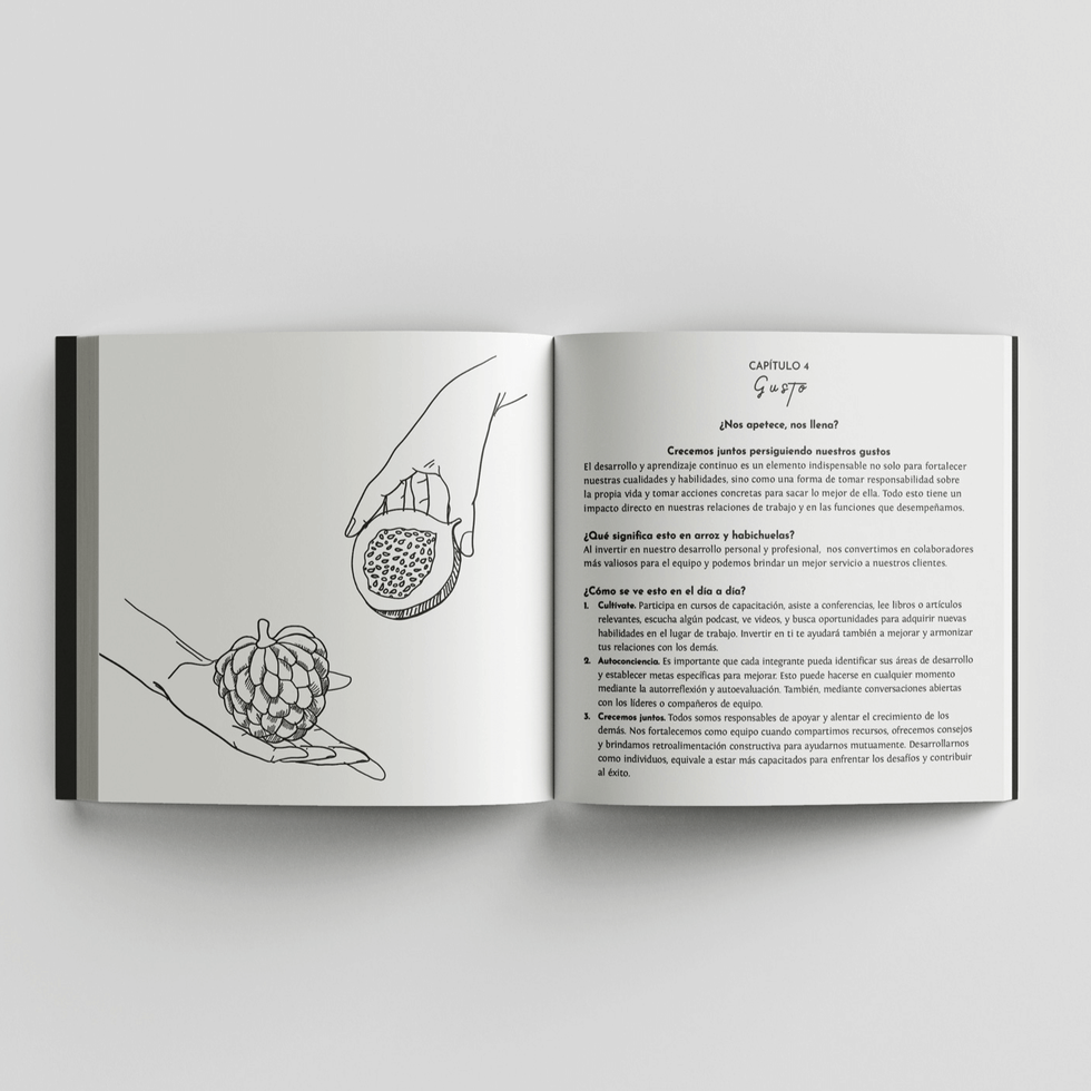 Editorial layout and illustration for Grupo Cinco Sentidos employee manual by Amy Cabrero.