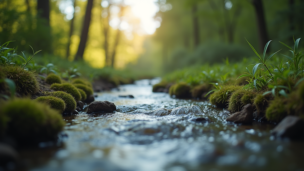 Close-up view of a serene nature scene with a flowing stream