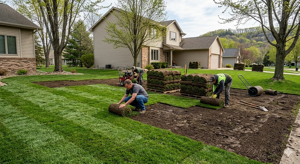 successful sod installation in progress during optimal late spring timing at a residential property in Mankato, Minnesota. 