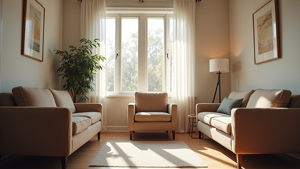 Eye-level view of a cozy counseling room with comfortable seating