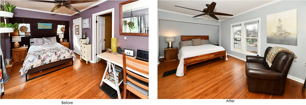 Before-and-after living room staging in a Bergen County home — from dark, cluttered space to bright, inviting design with neutral decor.