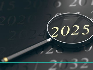 A magnifying glass focuses on the year "2025" amidst dimly lit surrounding years like 2020 and 2021, conveying focus and anticipation for the future.