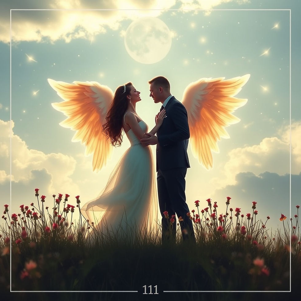 A couple with angel wings embraces under a starry sky and full moon, surrounded by flowers. The number 111 is at the bottom. Romantic mood.