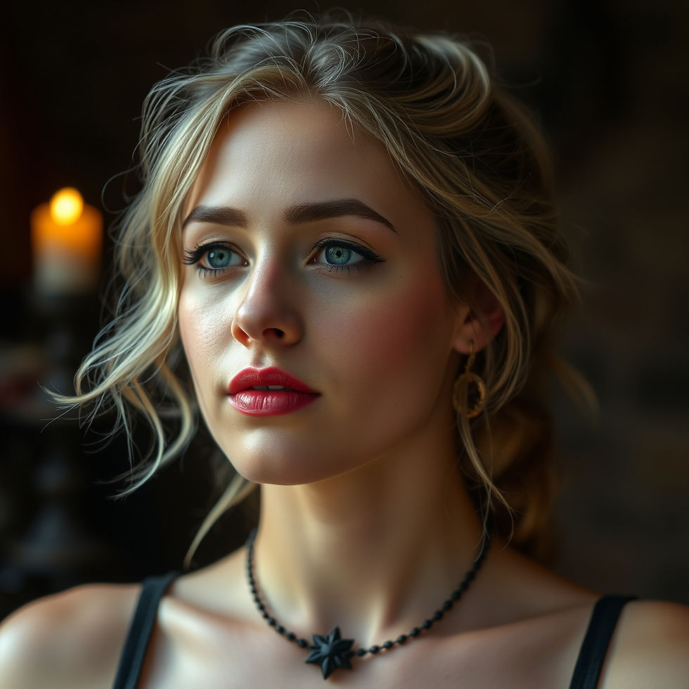Blonde woman with red lips and star necklace gazes thoughtfully. Soft candlelight in the background, warm and serene ambiance.