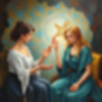 Two women face each other, one in white, the other in teal, hands raised. Starry background with mystical symbols. Calm, focused mood.