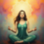 A woman in a green dress meditates with eyes closed. A mandala glows behind her on a colorful background, creating a serene mood.