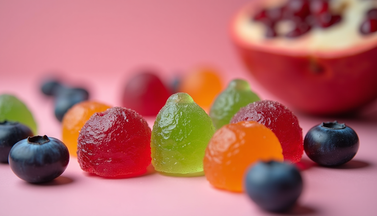 Eye-level view of assorted superfruit gummies with fresh berries