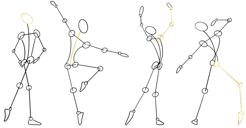 4 Strichmanschkerl mit eingefärbten Schwerpunkten: Kopf und Kiefer, Wirbelsäule, Schulter und Arm, Hüfte Knie und Fuß