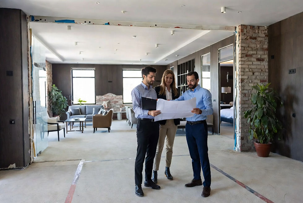 Hotel PIP renovation project - construction team reviewing plans during a Property Improvement Plan in a modern hotel space