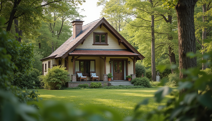 Eye-level view of a cozy themed cottage surrounded by lush greenery in Panchkula