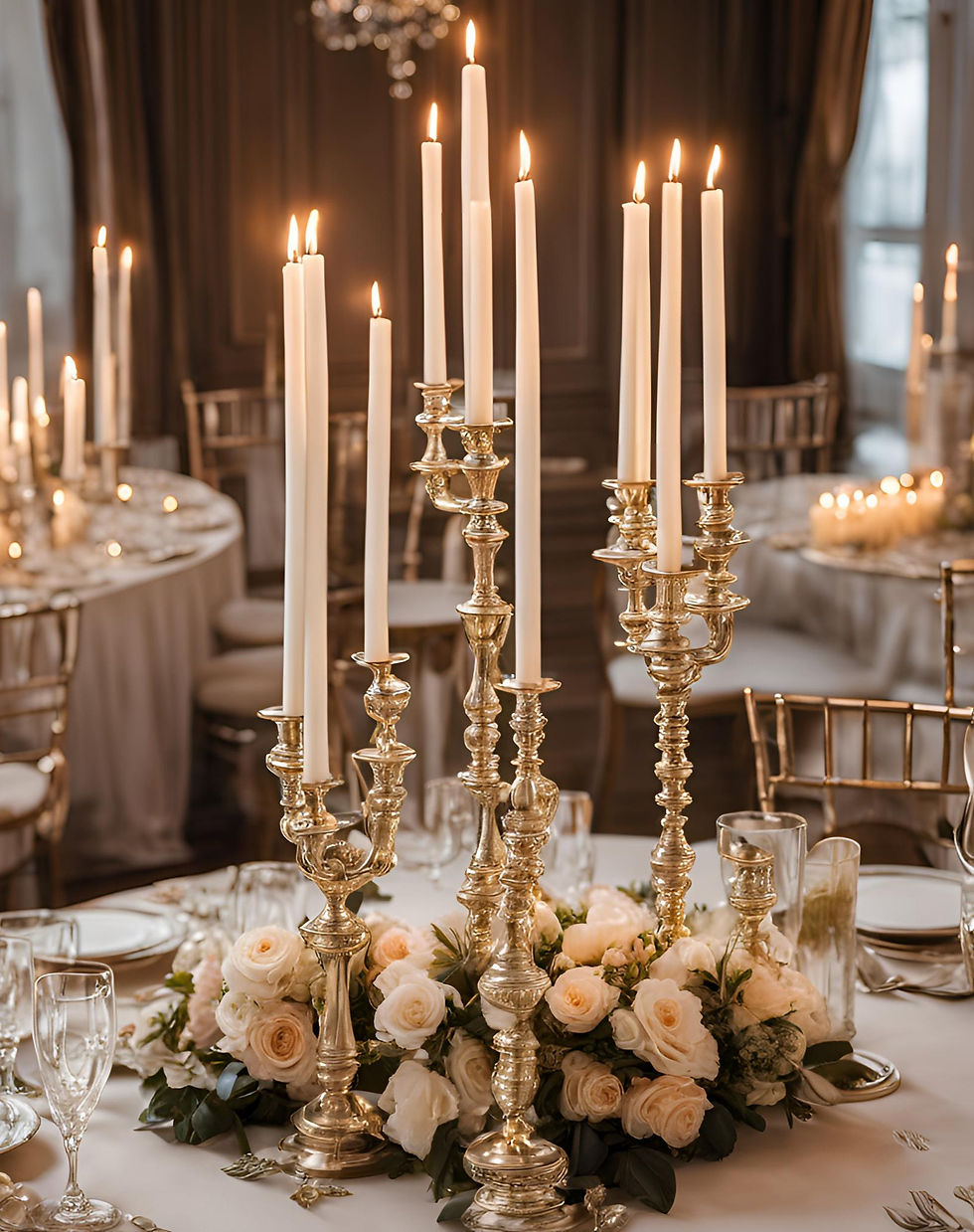 Ein stilvoll dekorierter Tisch mit eleganten Kerzenständern. Die edlen Kerzenständer fange