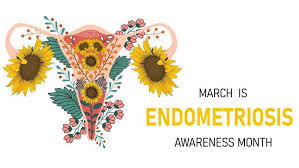 Illustration of a uterus decorated with flowers and leaves, with text reading “March is Endometriosis Awareness Month.”