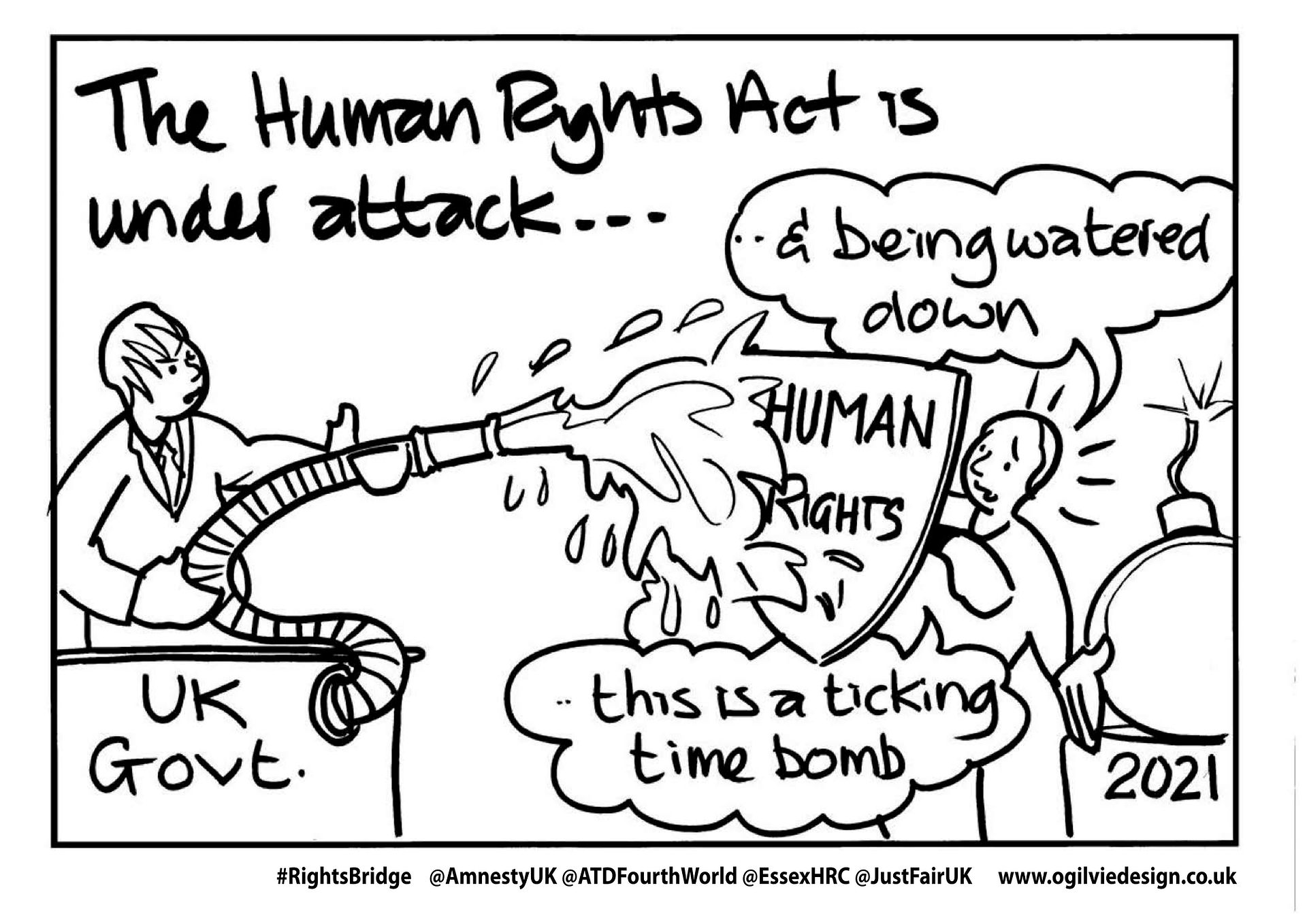 A UK Government representative is spraying water at a Human Rights shield by a ticking time bomb