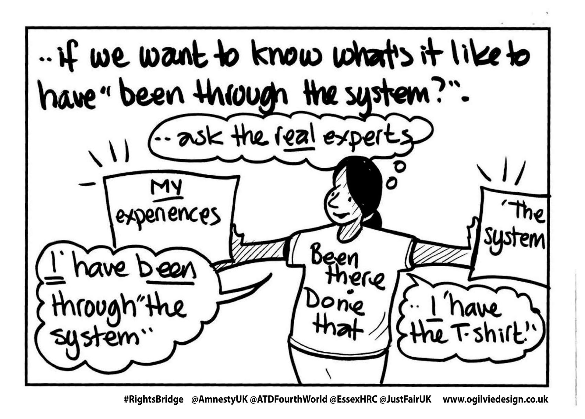 Lady wearing Been there Done that t-shirt. Caption reads "If we want to know what it's like to have been through the system...ask the real experts
