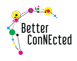 The words 'Better Connected' sit under an arch of coloured dots connected by lines. The 'NE' in 'Connected' are capitalised to represent the North East of England