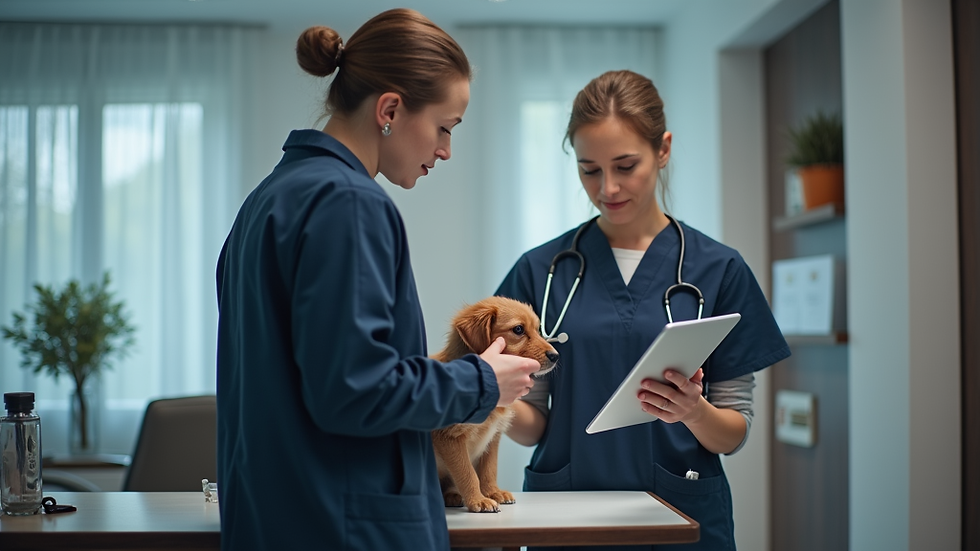 Veterinarian mentoring new graduate while examining a puppy in a clinic setting