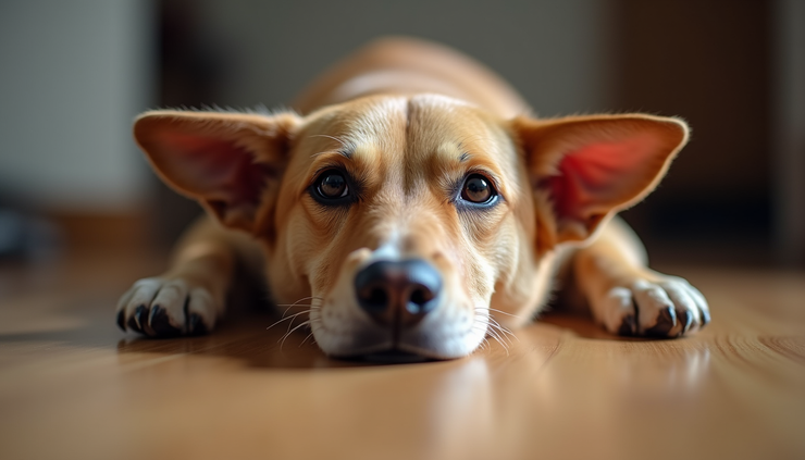 Eye-level view of a dog with inflamed ears showing signs of infection