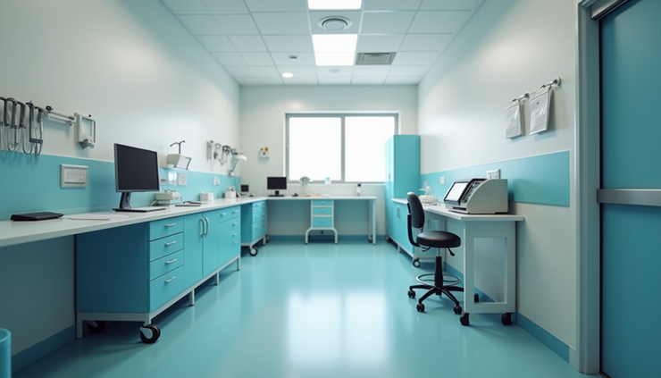 Eye-level view of a veterinary clinic examination room with medical tools neatly arranged