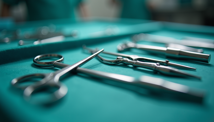 Close-up view of veterinary instruments laid out neatly on a surgical tray