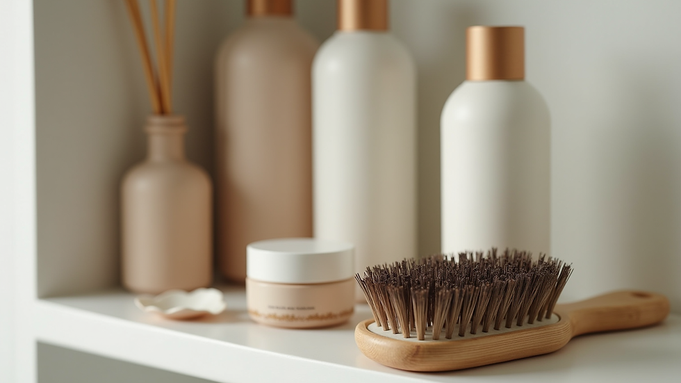Eye-level view of a hairbrush and hair care products on a bathroom shelf