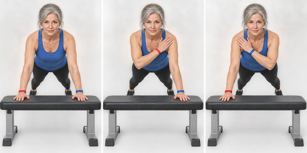 Modified plank shoulder tap performed with hands supported on a bench.
