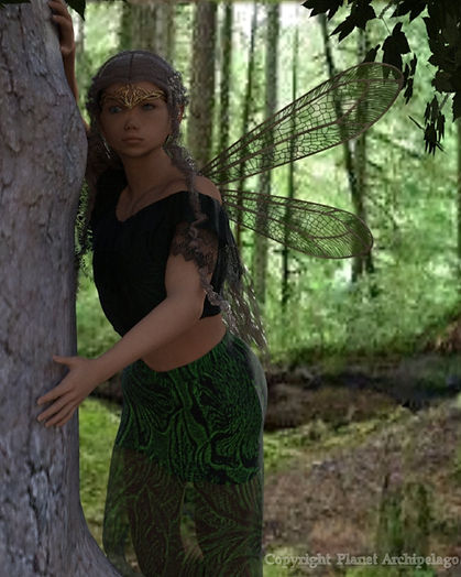 An elf, fairy, by a tree in the woods.er
