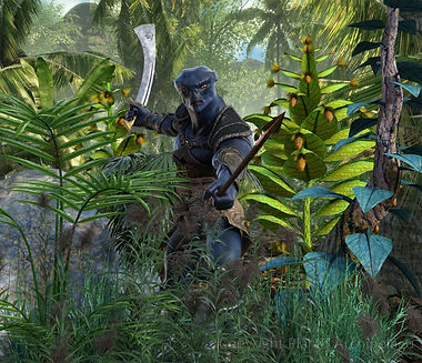 An alien creature armed with a spear and falchion in a jungle.